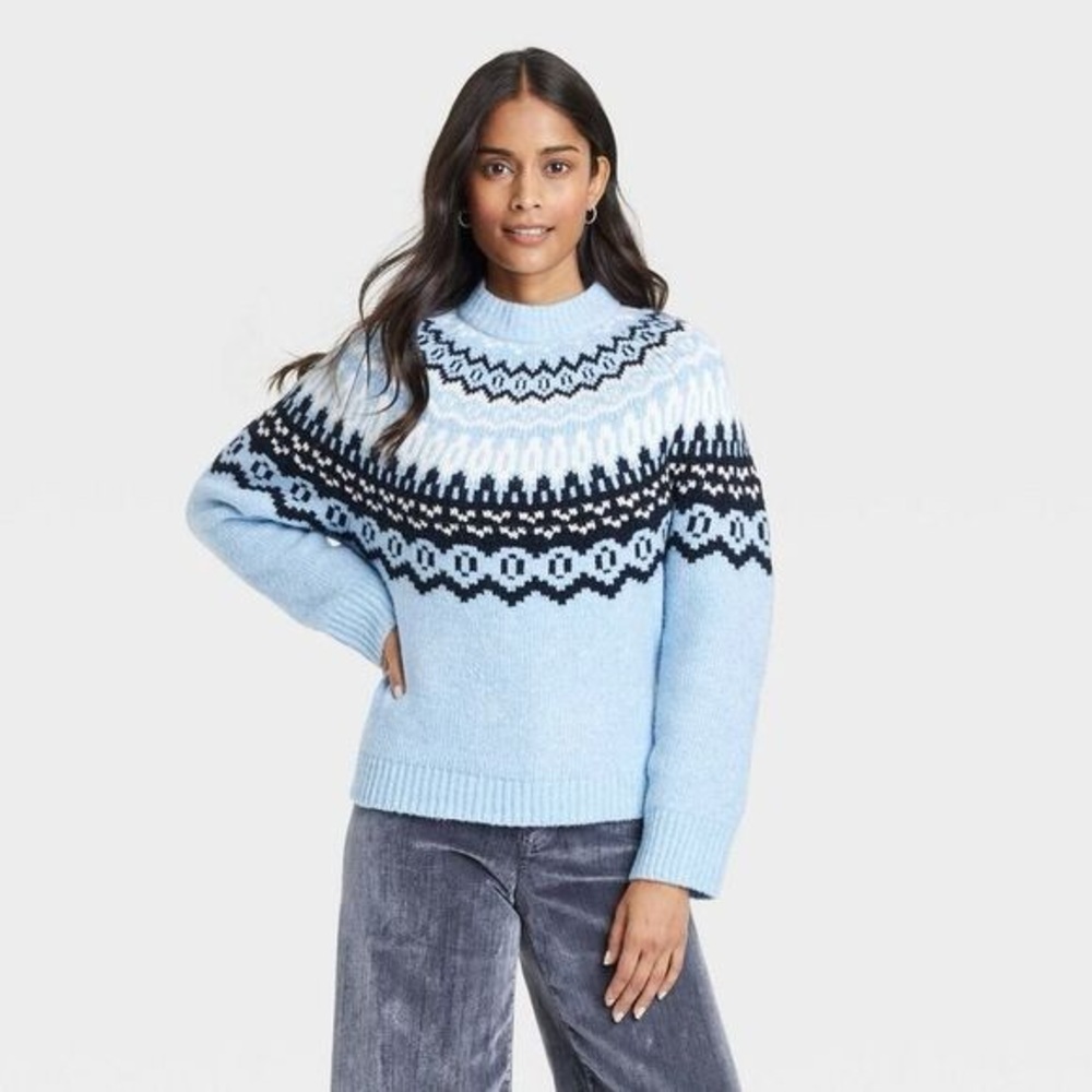 Women's Crewneck Pullover Sweater - Universal Thre Blue Fairisle 2X